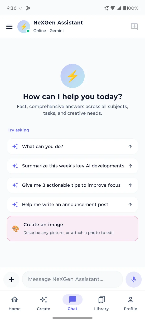 NeXGen Assistant chat screen