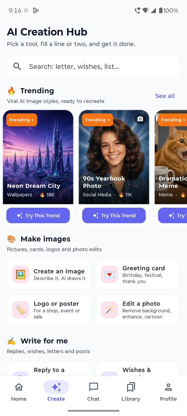 AI Creation Hub with trending image styles