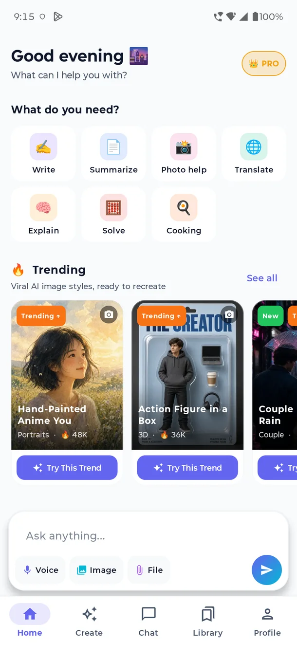 NeXGen GPT home screen with quick tasks: Write, Summarize, Photo help, Translate, Explain, Solve and Cooking
