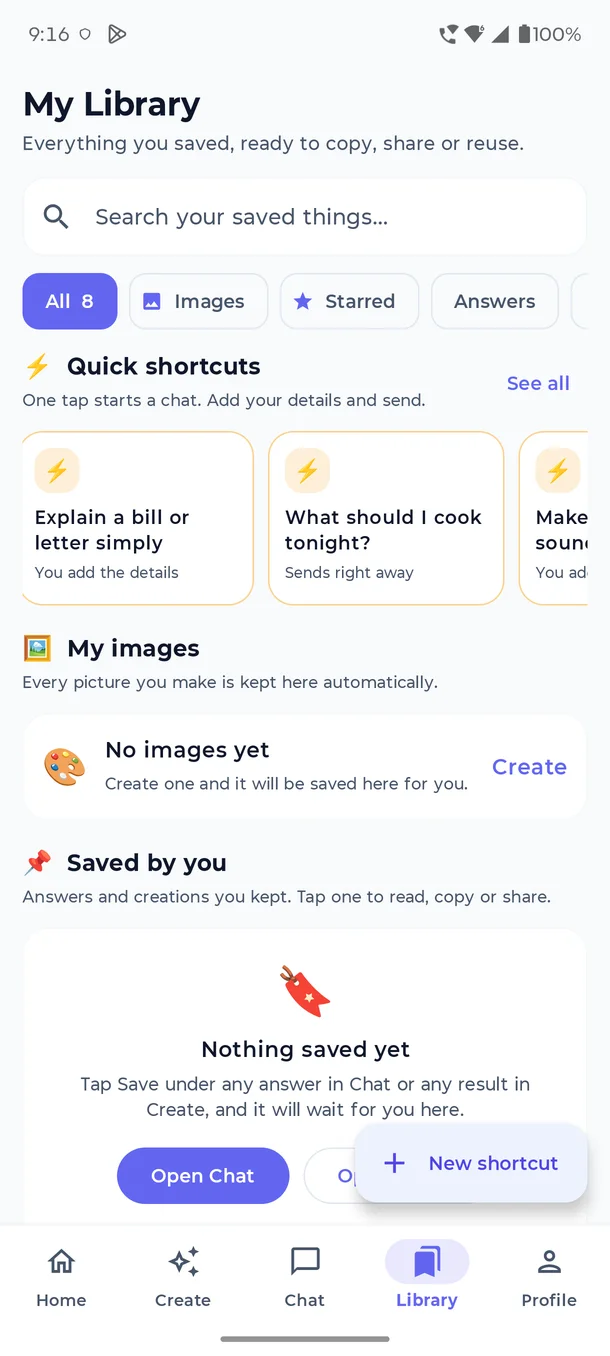 My Library with saved answers and images