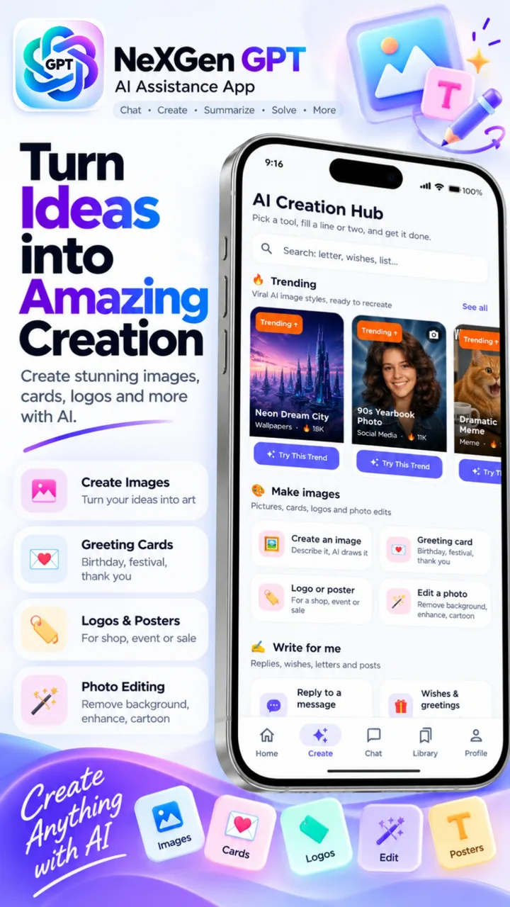 Turn ideas into amazing creations — images, cards, logos and photo edits